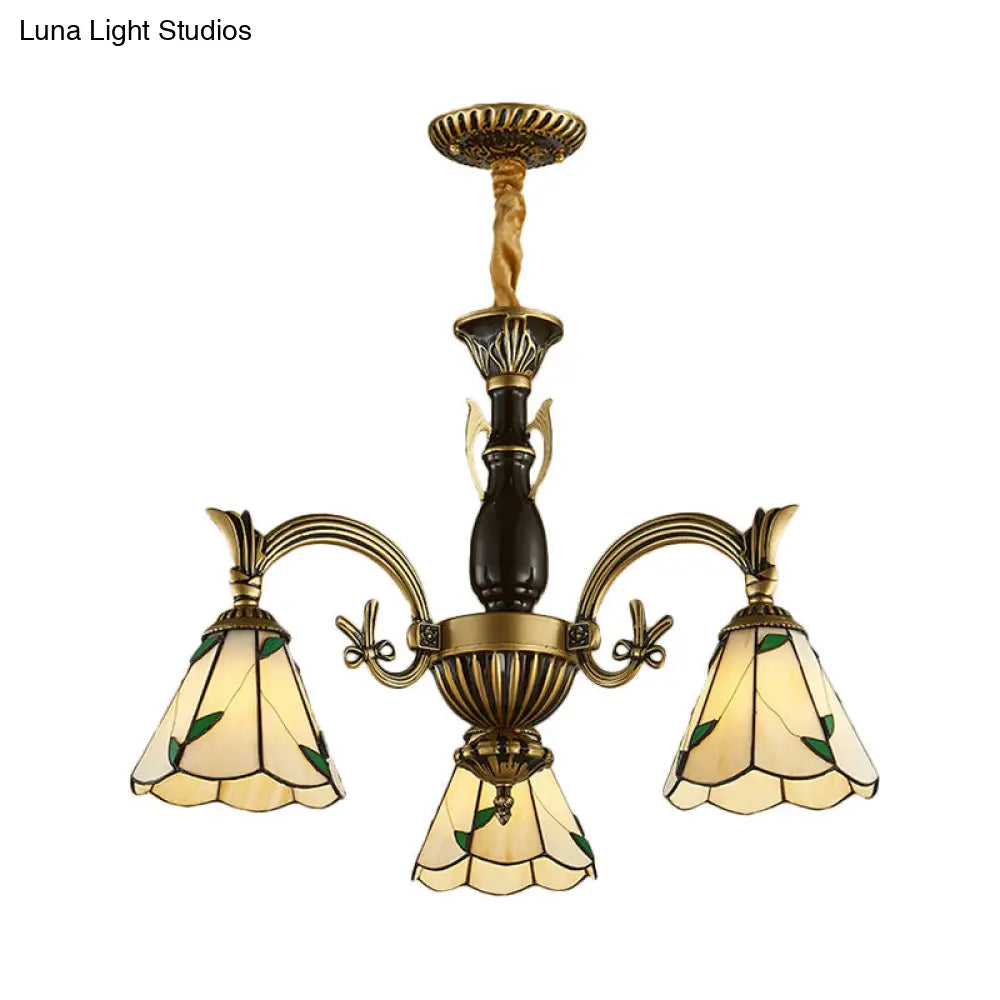 Adjustable Rustic Chandelier With Cone-Shaped Beige Glass Shades - 3-Light Pendant Lamp For Dining
