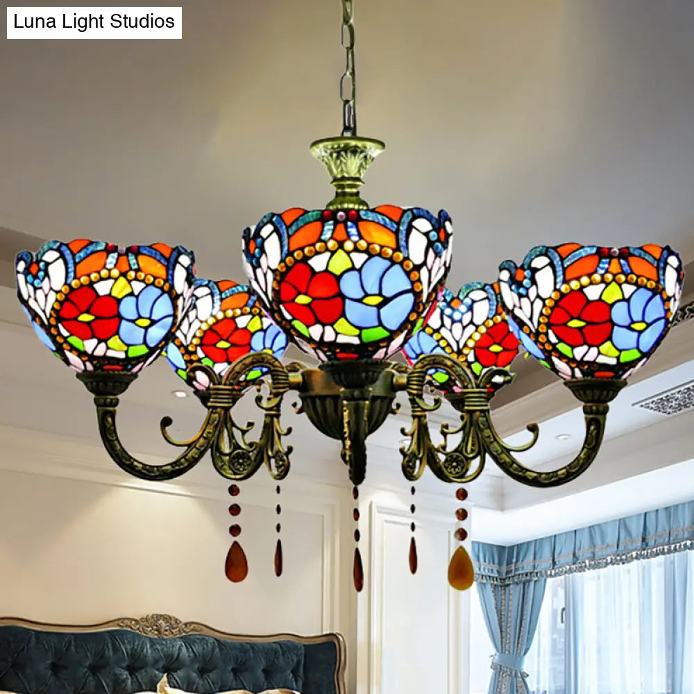 Adjustable Rustic Vintage Floral Chandelier With Stained Glass Hanging Light