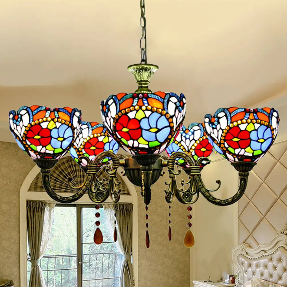Adjustable Rustic Vintage Floral Chandelier With Stained Glass Hanging Light Bronze