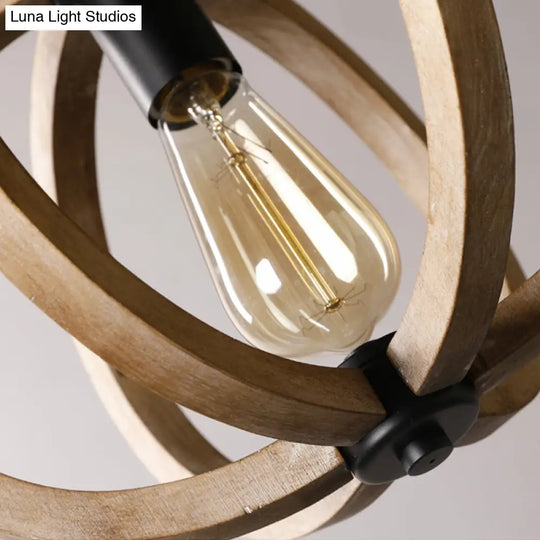 Adjustable Rustic Wood Pendant Lamp For Bedroom With Single Globe Light