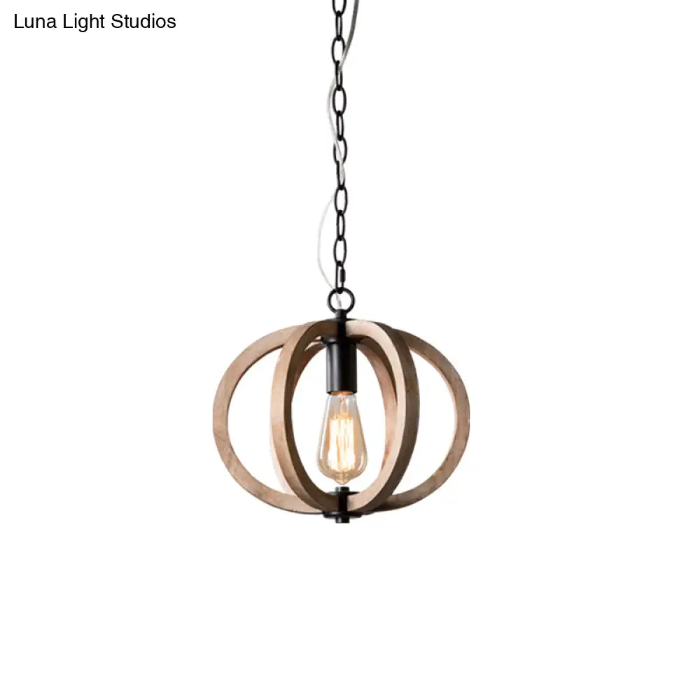 Adjustable Rustic Wood Pendant Lamp For Bedroom With Single Globe Light