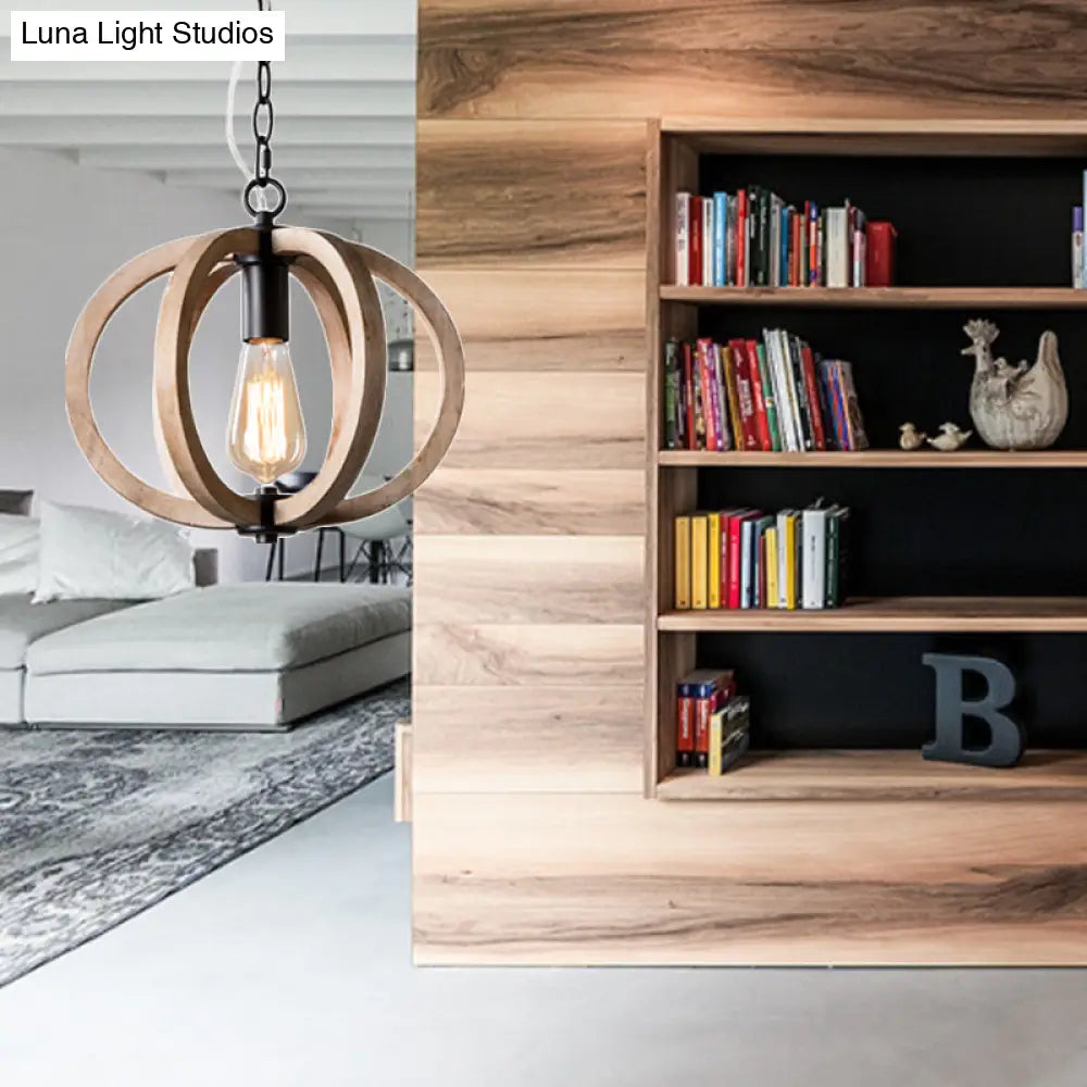 Adjustable Rustic Wood Pendant Lamp For Bedroom With Single Globe Light