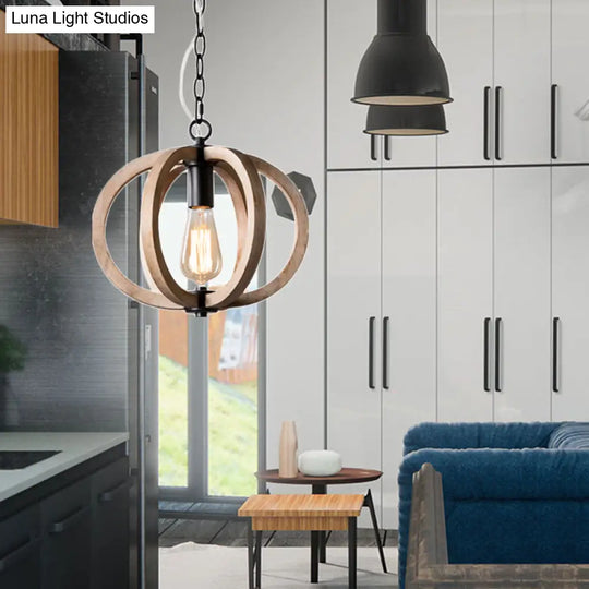 Adjustable Rustic Wood Pendant Lamp For Bedroom With Single Globe Light