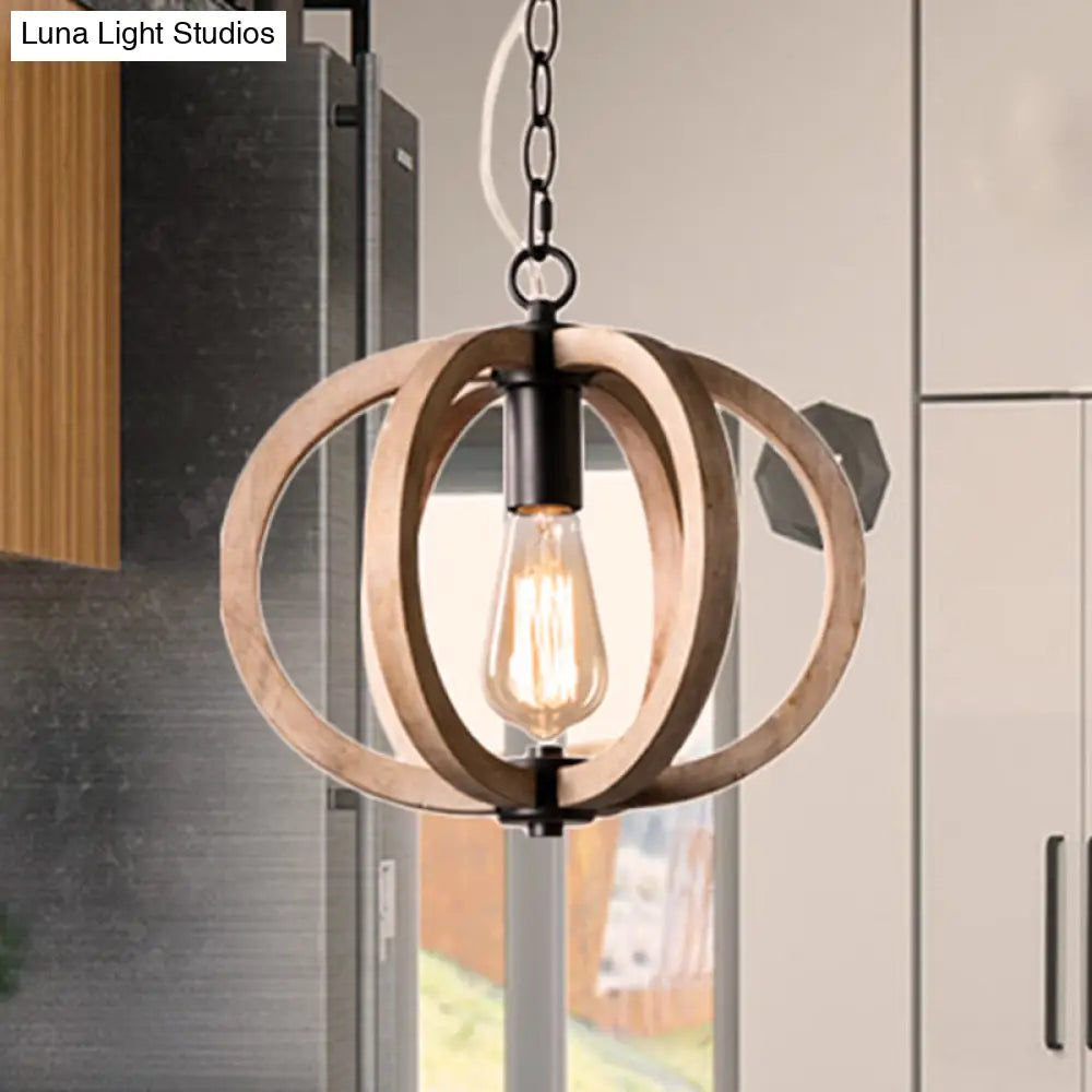 Adjustable Rustic Wood Pendant Lamp For Bedroom With Single Globe Light