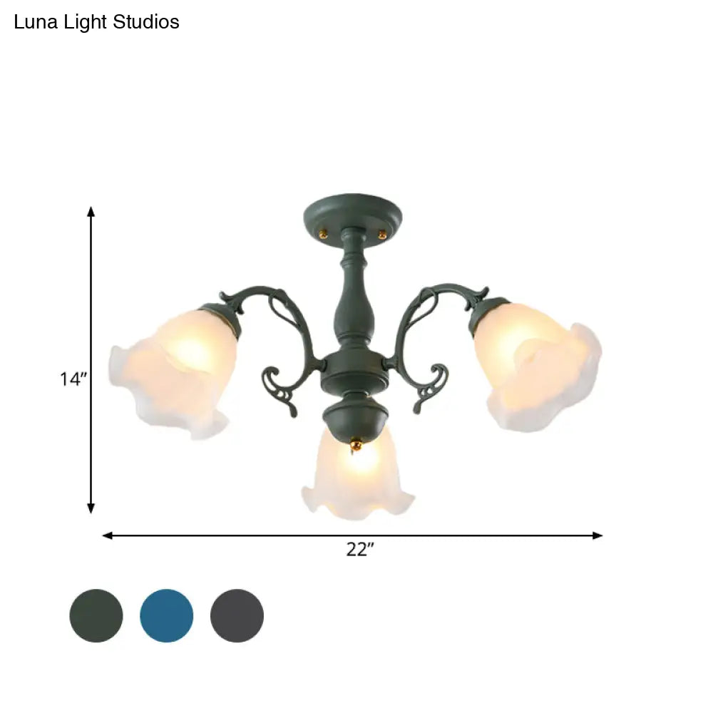 Adjustable Semi Flush American Flower Chandelier - 3/5 Bulbs Ruffled Design Grey/Blue/Green Matte