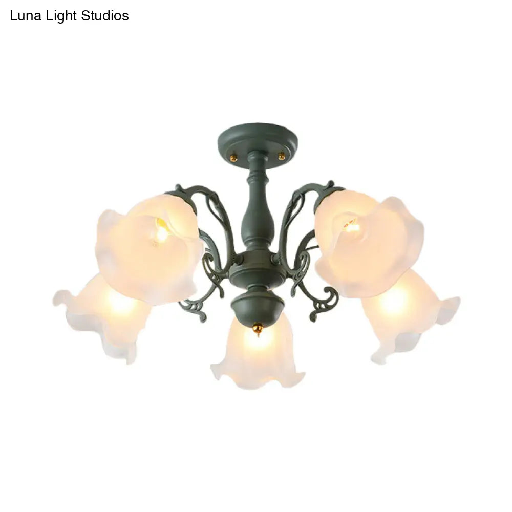 Adjustable Semi Flush American Flower Chandelier - 3/5 Bulbs Ruffled Design Grey/Blue/Green Matte