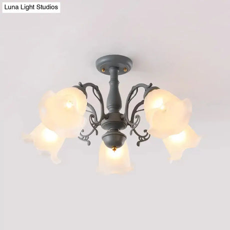 Adjustable Semi Flush American Flower Chandelier - 3/5 Bulbs Ruffled Design Grey/Blue/Green Matte