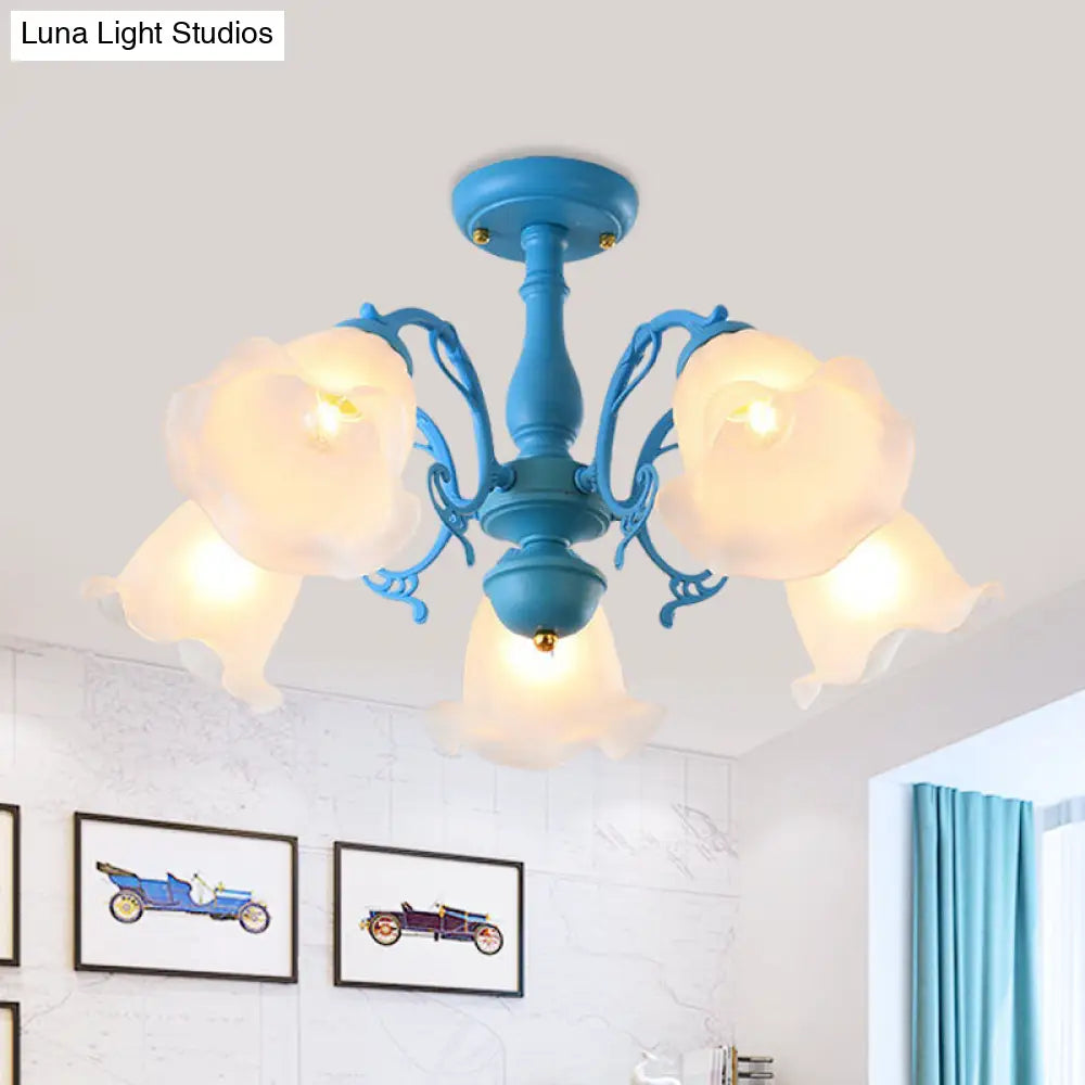 Adjustable Semi Flush American Flower Chandelier - 3/5 Bulbs Ruffled Design Grey/Blue/Green Matte