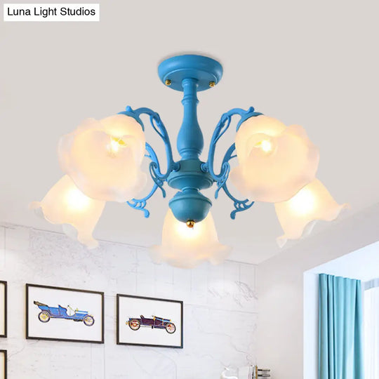 Adjustable Semi Flush American Flower Chandelier - 3/5 Bulbs Ruffled Design Grey/Blue/Green Matte