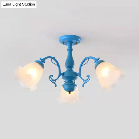 Adjustable Semi Flush American Flower Chandelier - 3/5 Bulbs Ruffled Design Grey/Blue/Green Matte