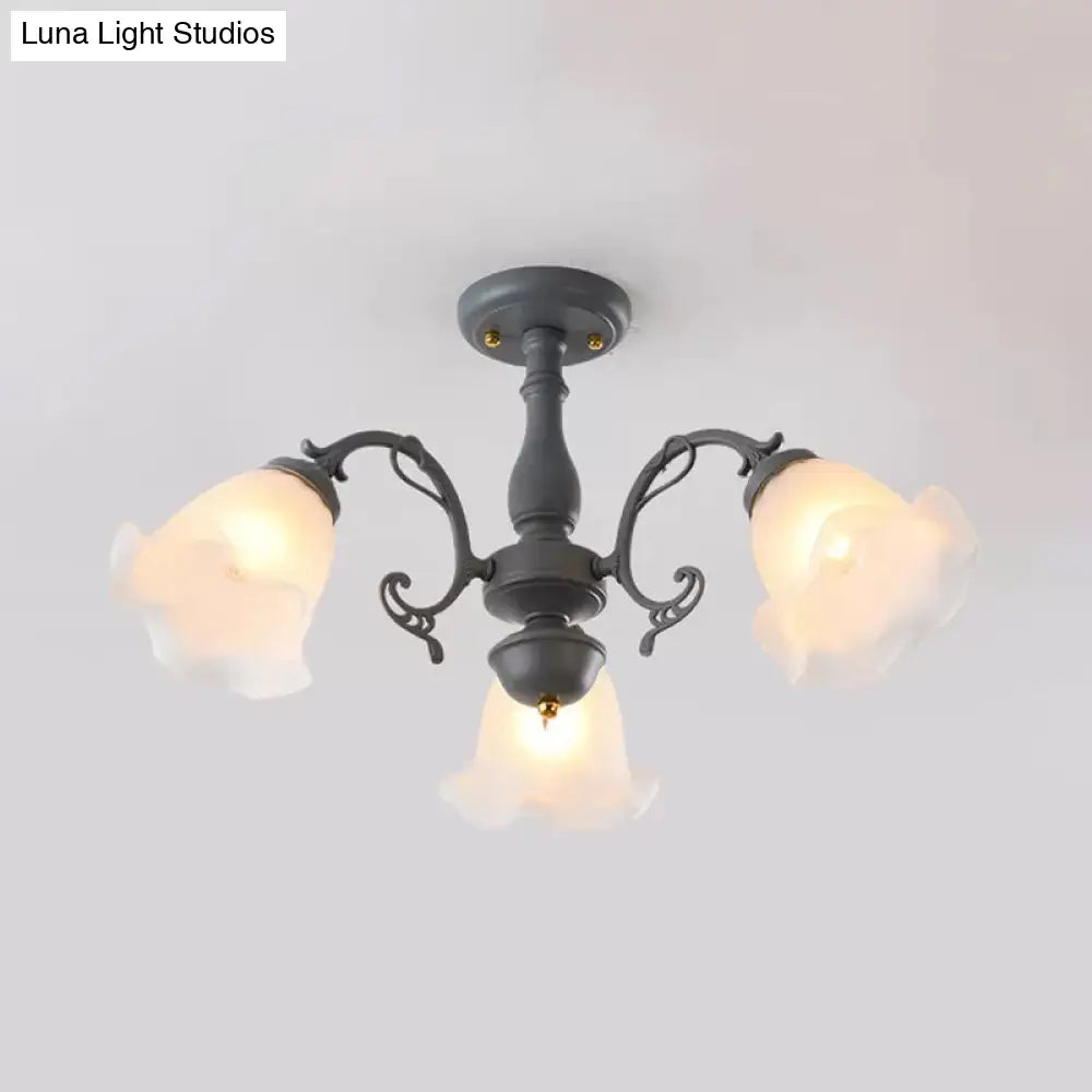Adjustable Semi Flush American Flower Chandelier - 3/5 Bulbs Ruffled Design Grey/Blue/Green Matte