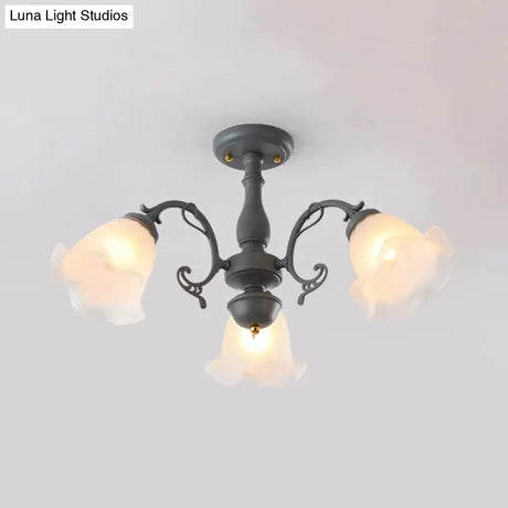 Adjustable Semi Flush American Flower Chandelier - 3/5 Bulbs Ruffled Design Grey/Blue/Green Matte