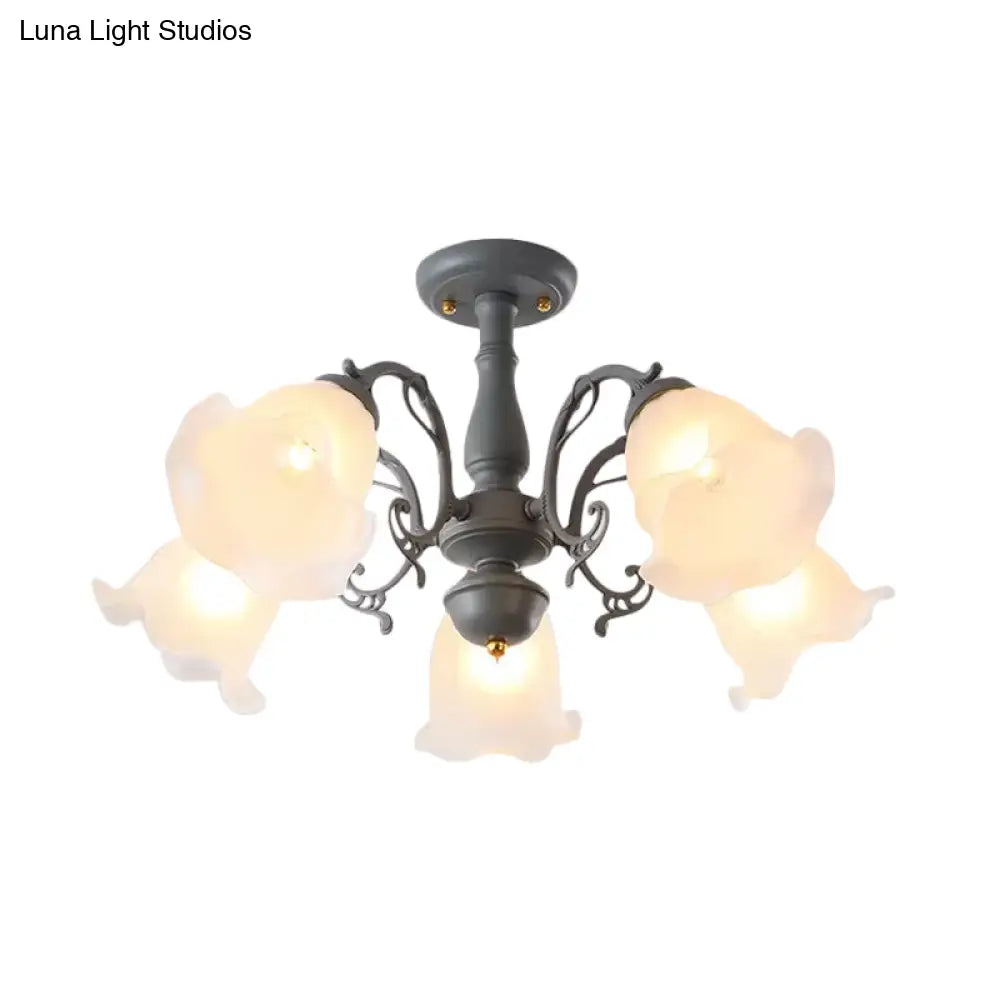 Adjustable Semi Flush American Flower Chandelier - 3/5 Bulbs Ruffled Design Grey/Blue/Green Matte