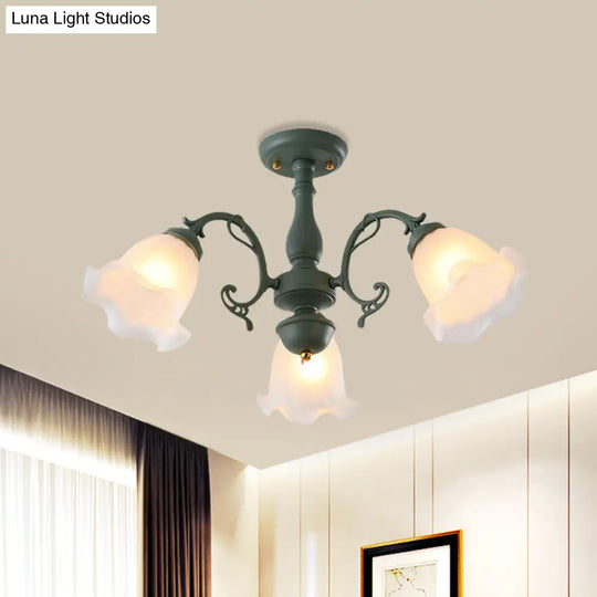 Adjustable Semi Flush American Flower Chandelier - 3/5 Bulbs Ruffled Design Grey/Blue/Green Matte