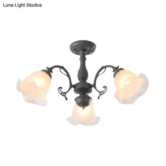 Adjustable Semi Flush American Flower Chandelier - 3/5 Bulbs Ruffled Design Grey/Blue/Green Matte
