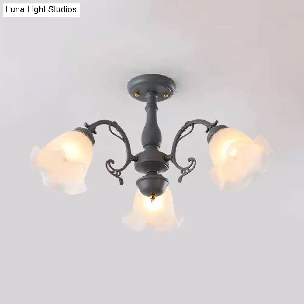 Adjustable Semi Flush American Flower Chandelier - 3/5 Bulbs Ruffled Design Grey/Blue/Green Matte