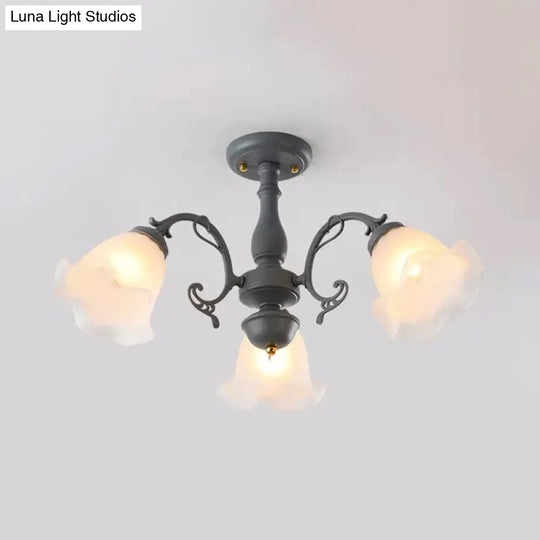 Adjustable Semi Flush American Flower Chandelier - 3/5 Bulbs Ruffled Design Grey/Blue/Green Matte