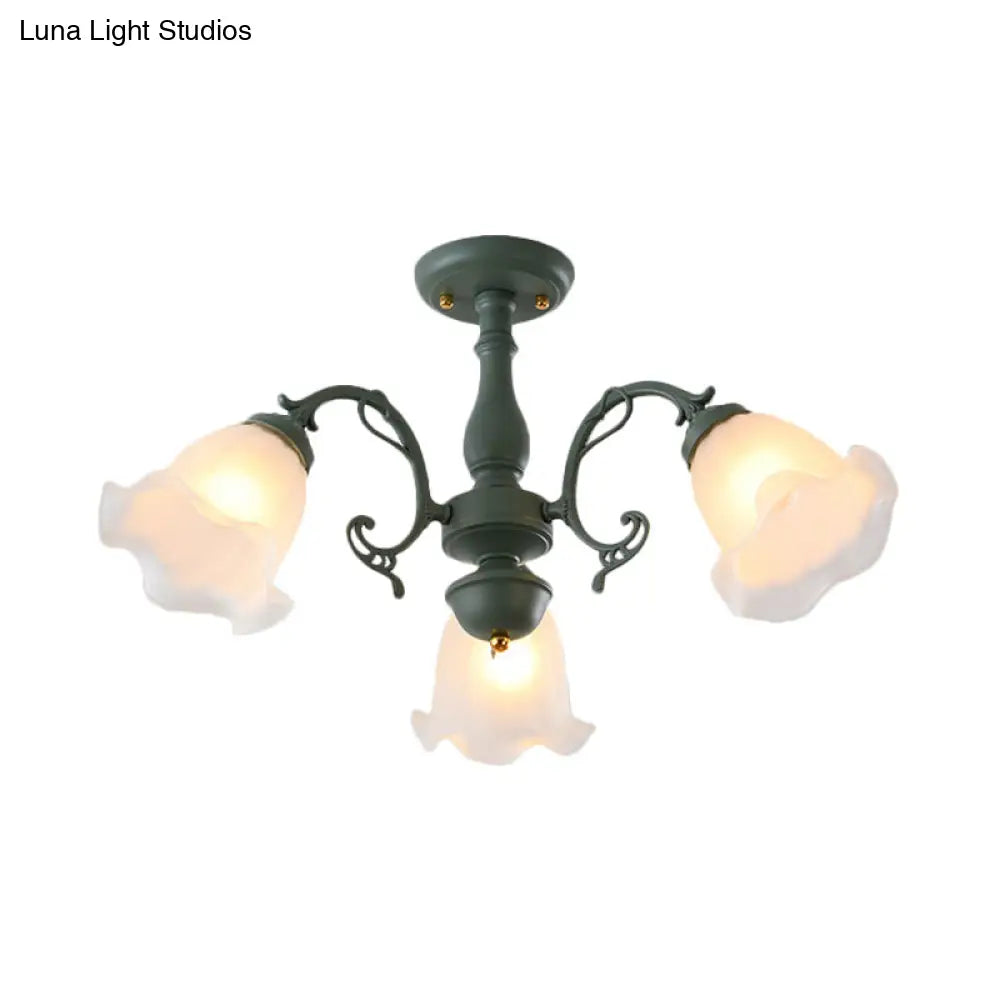 Adjustable Semi Flush American Flower Chandelier - 3/5 Bulbs Ruffled Design Grey/Blue/Green Matte
