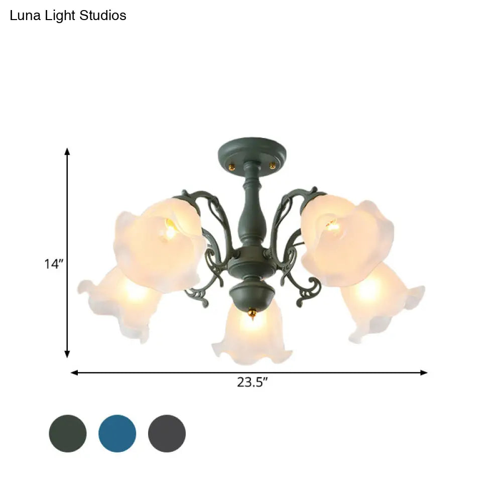 Adjustable Semi Flush American Flower Chandelier - 3/5 Bulbs Ruffled Design Grey/Blue/Green Matte