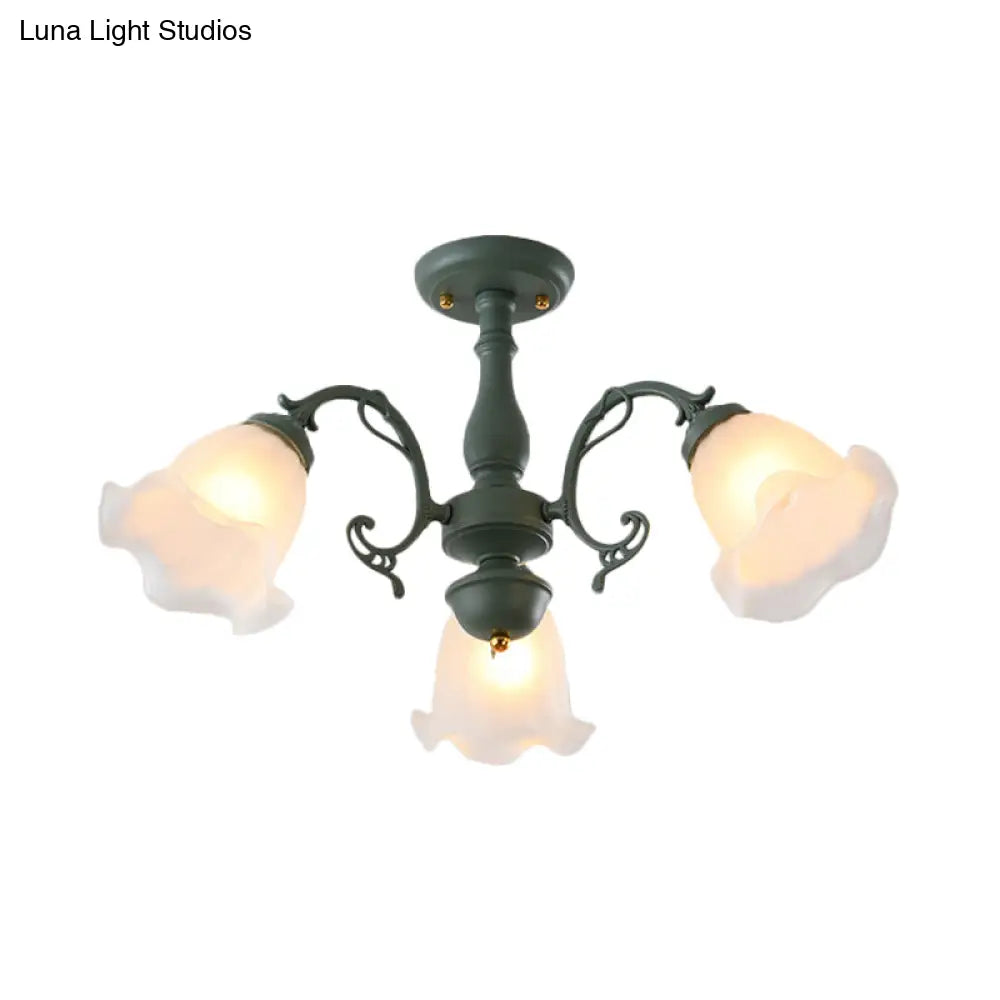 Adjustable Semi Flush American Flower Chandelier - 3/5 Bulbs Ruffled Design Grey/Blue/Green Matte