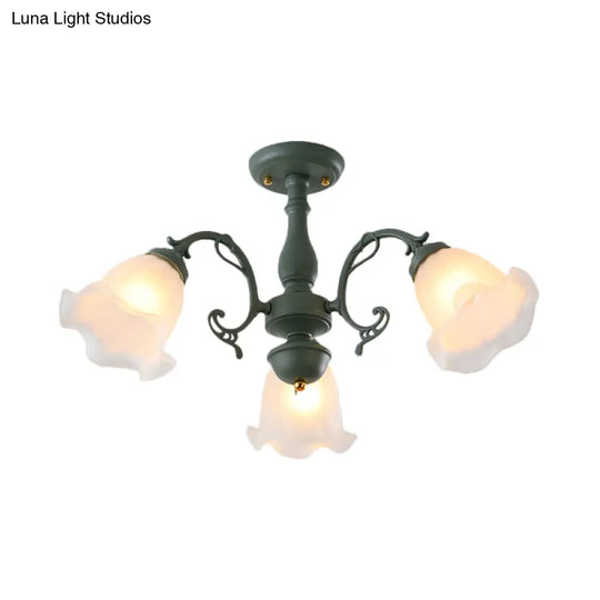 Adjustable Semi Flush American Flower Chandelier - 3/5 Bulbs Ruffled Design Grey/Blue/Green Matte