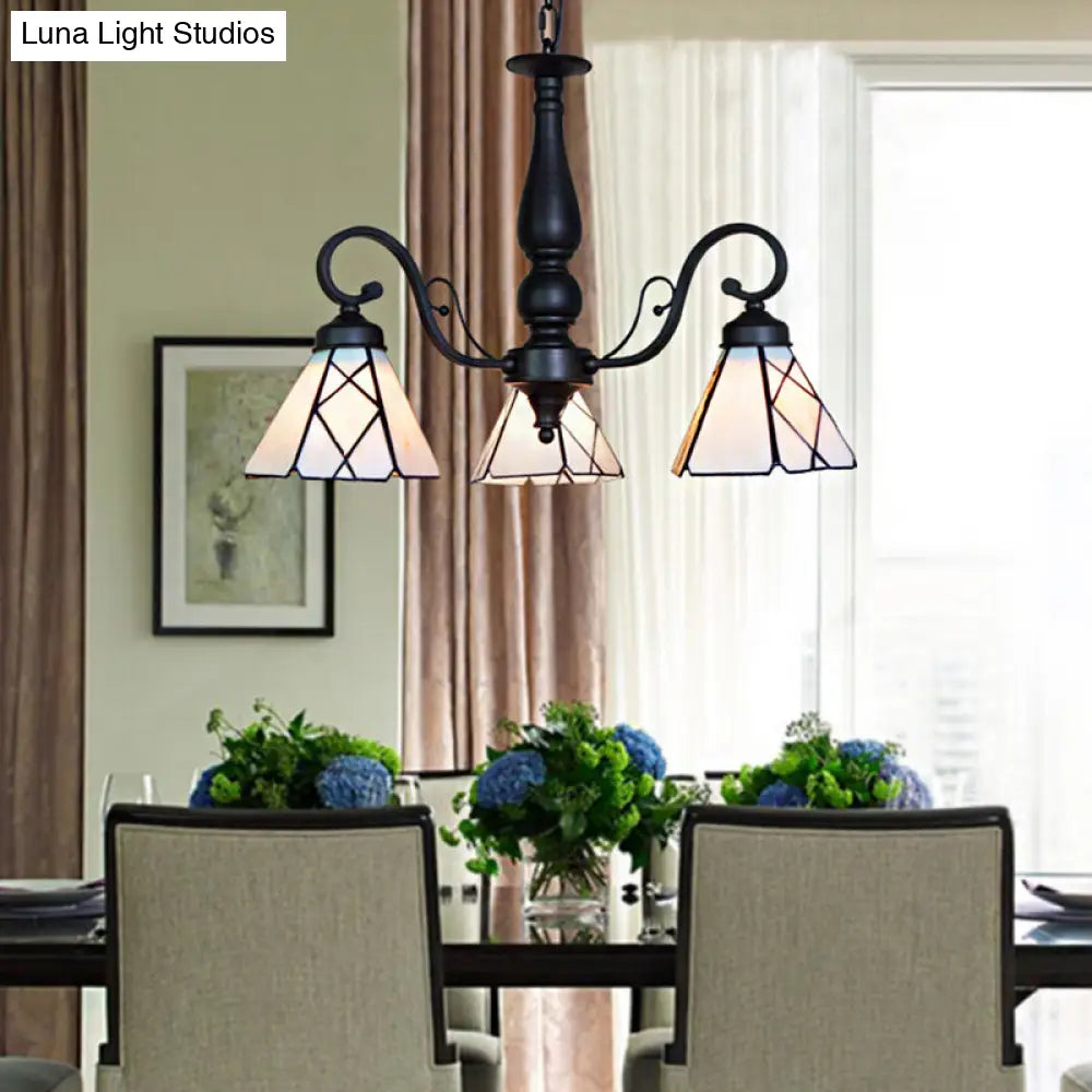 Adjustable Chain Stained Glass Cone Chandelier Lamp - Traditional Pendant Light With Rhombus/Leaf In