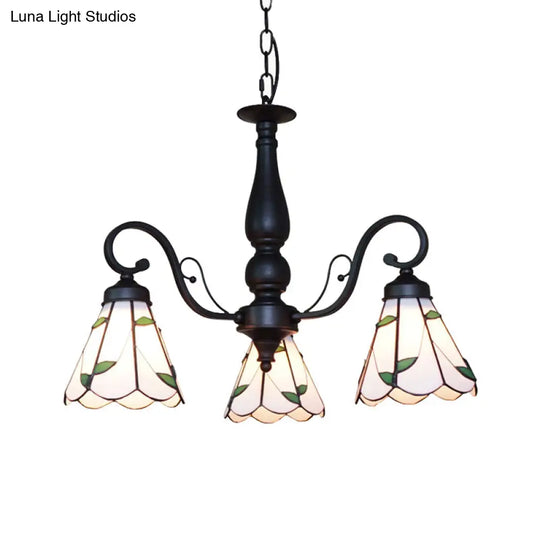 Adjustable Stained Glass Cone Chandelier With Traditional Pendant Light - 3 Lights And Rhombus/Leaf