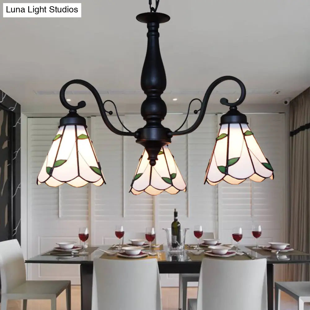 Adjustable Chain Stained Glass Cone Chandelier Lamp - Traditional Pendant Light With Rhombus/Leaf In