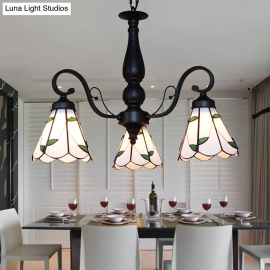 Adjustable Chain Stained Glass Cone Chandelier Lamp - Traditional Pendant Light With Rhombus/Leaf In