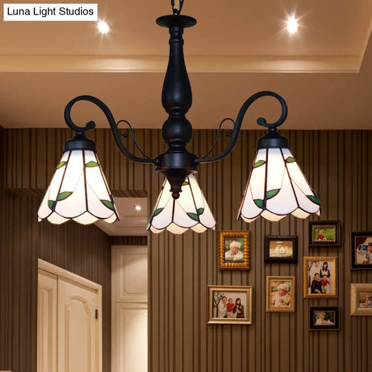 Adjustable Chain Stained Glass Cone Chandelier Lamp - Traditional Pendant Light With Rhombus/Leaf In