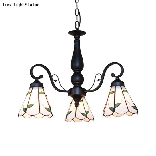 Adjustable Chain Stained Glass Cone Chandelier Lamp - Traditional Pendant Light With Rhombus/Leaf In
