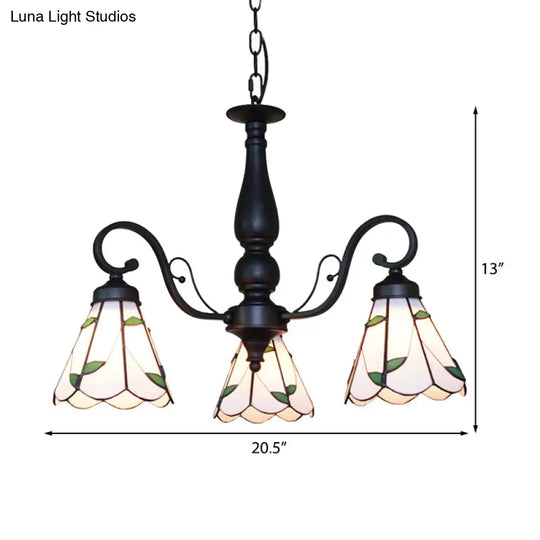 Adjustable Stained Glass Cone Chandelier With Traditional Pendant Light - 3 Lights And Rhombus/Leaf