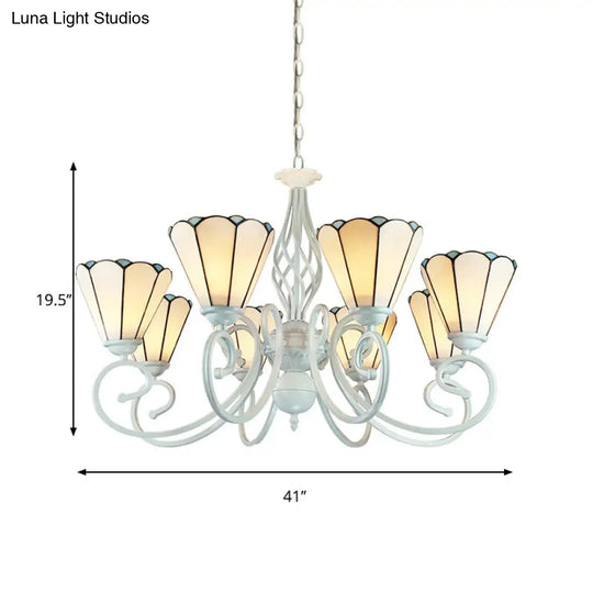 Adjustable 6/8 Lights Stained Glass Chandelier - Traditional Cone Pendant Lighting With Metal Chain