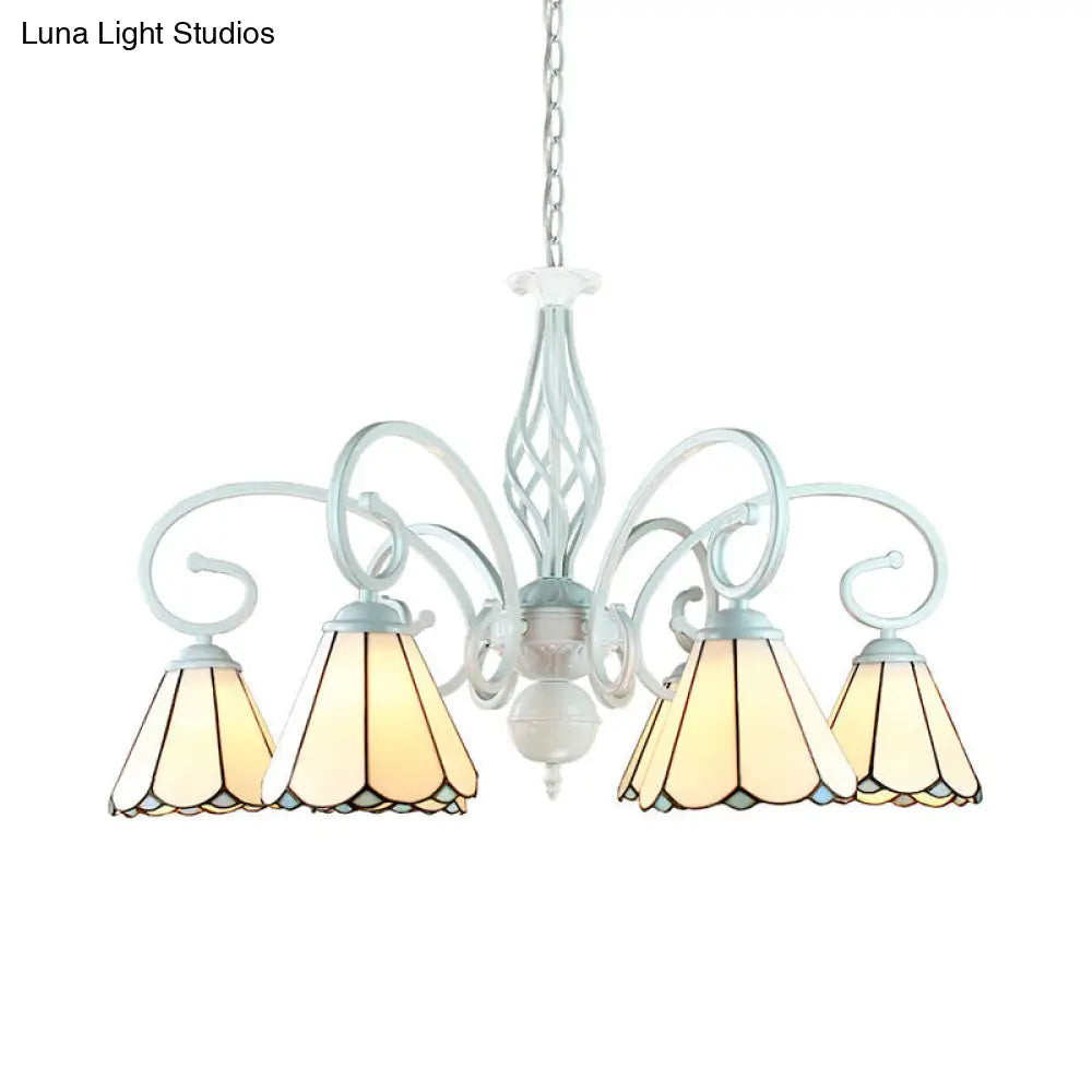 Adjustable Stained Glass Cone Pendant Chandelier With Metal Chain - 6/8 Lights In White Traditional