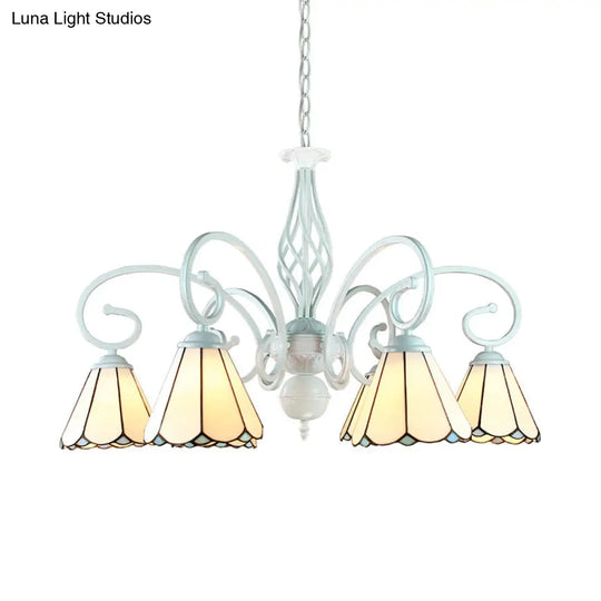 Adjustable Stained Glass Cone Pendant Chandelier With Metal Chain - 6/8 Lights In White Traditional