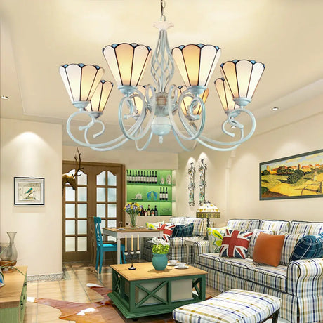Adjustable Stained Glass Cone Pendant Chandelier With Metal Chain - 6/8 Lights In White Traditional