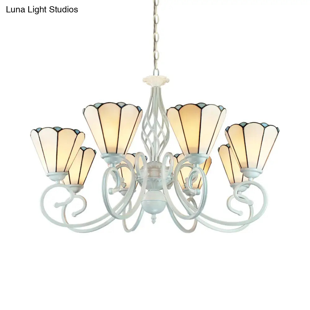 Adjustable 6/8 Lights Stained Glass Chandelier - Traditional Cone Pendant Lighting With Metal Chain