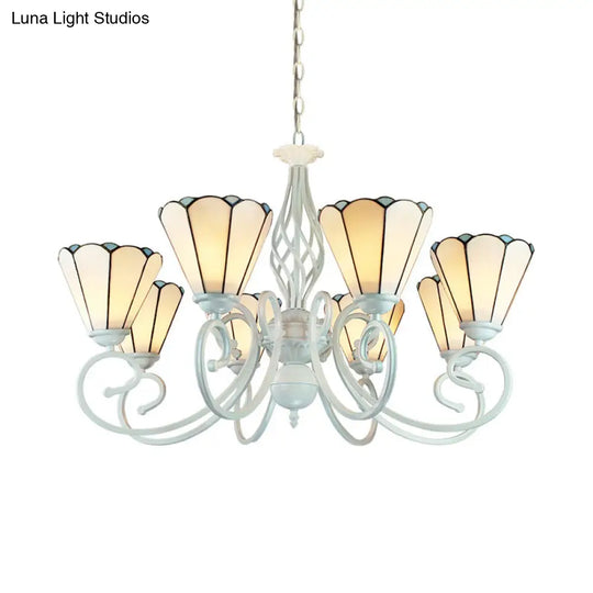 Adjustable 6/8 Lights Stained Glass Chandelier - Traditional Cone Pendant Lighting With Metal Chain