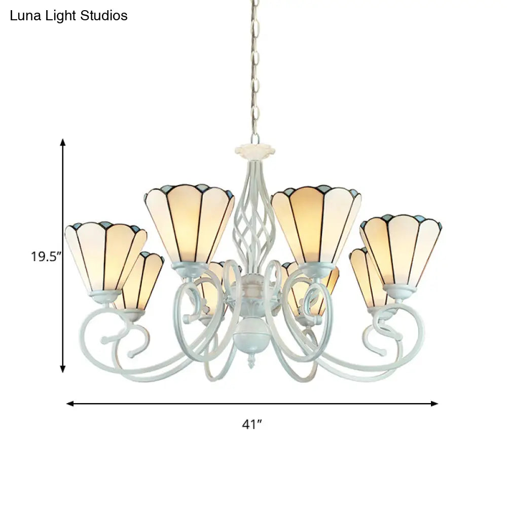 Adjustable Stained Glass Cone Pendant Chandelier With Metal Chain - 6/8 Lights In White Traditional