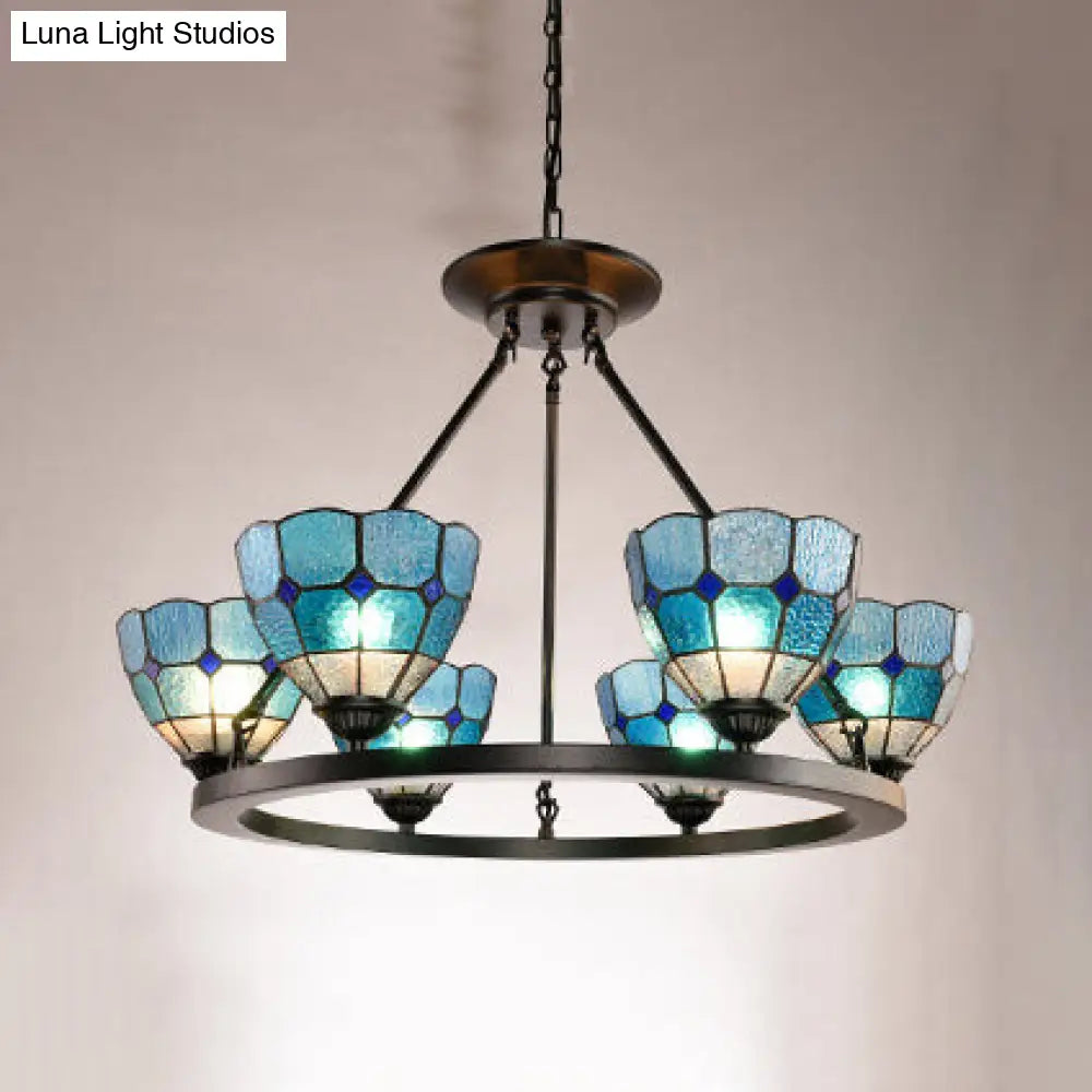Stained Glass Tiffany Chandelier Lamp - 6 Light Pendant With Adjustable Chain Blue