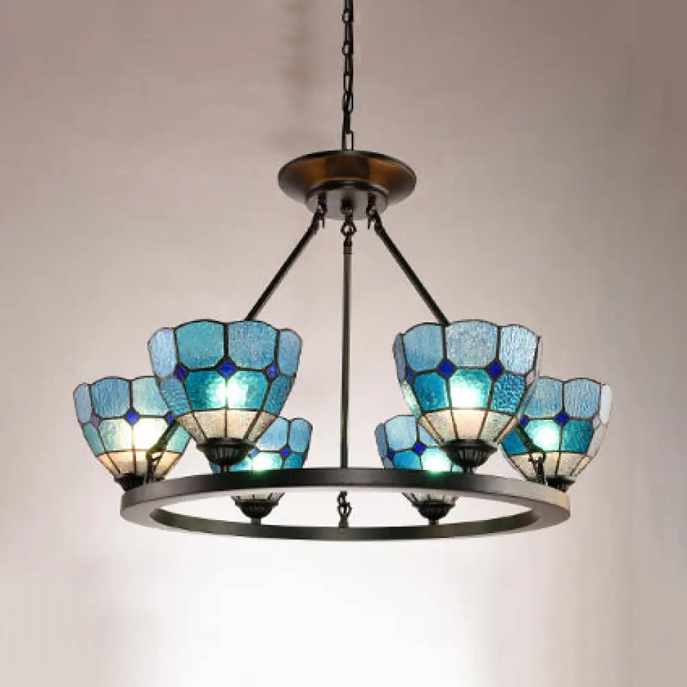 Adjustable Tiffany Stained Glass Chandelier With 6 Blue/Yellow Pendant Lights Blue