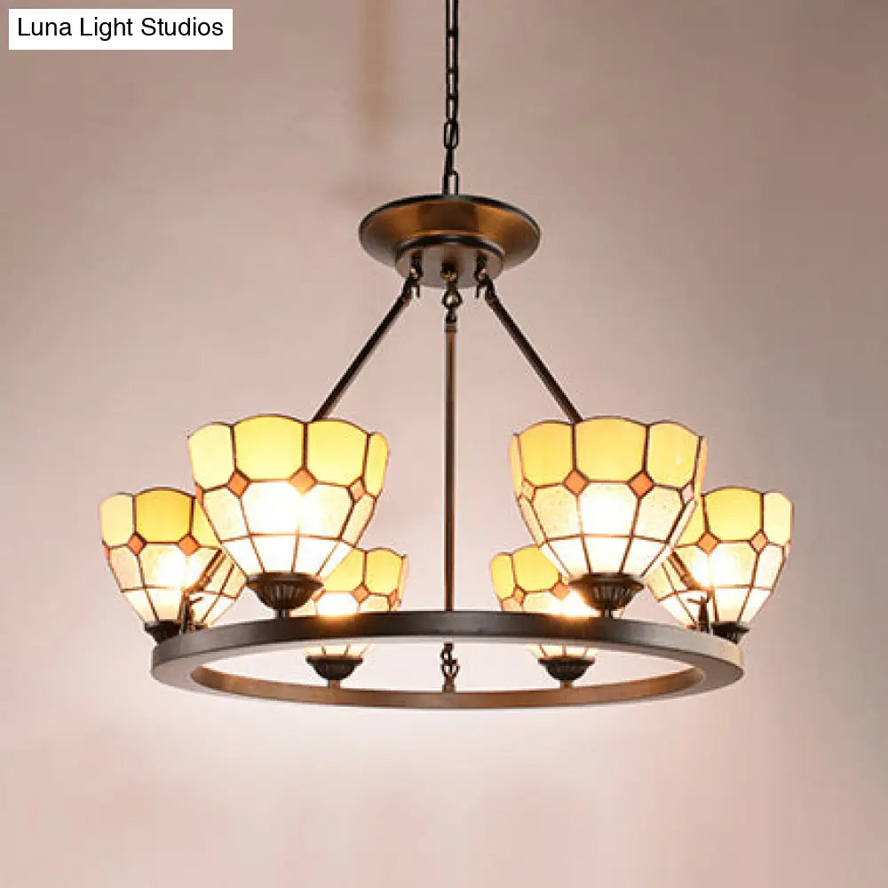 Adjustable Tiffany Stained Glass Chandelier With 6 Blue/Yellow Pendant Lights