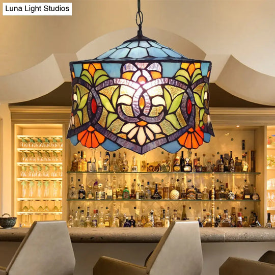 Adjustable Stained Glass Drum Pendant Lighting: Victorian Style For Dining Room (14 W) Aqua