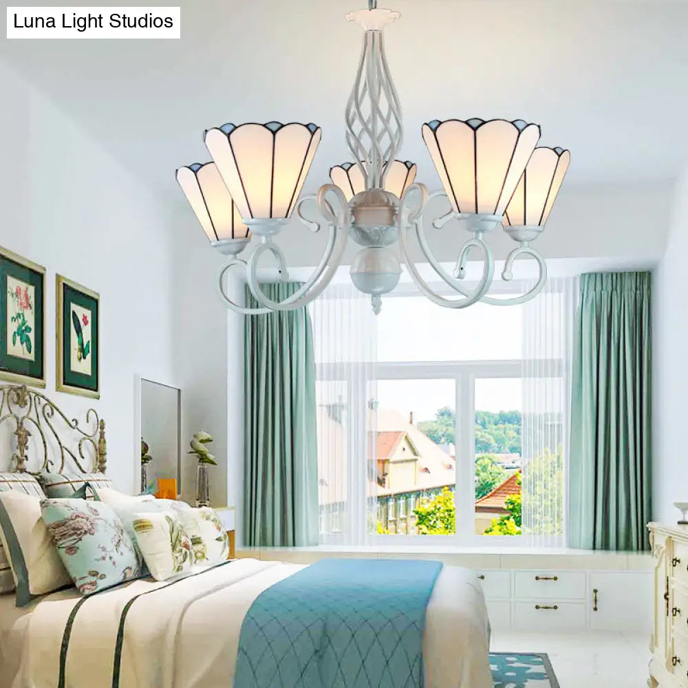 Adjustable Chain Cone Chandelier 5 Lights Traditional Pendant Light For Bedroom White Glass