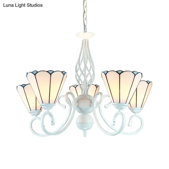 Adjustable White Glass Cone Chandelier With 5 Lights - Traditional Pendant Light For Bedroom