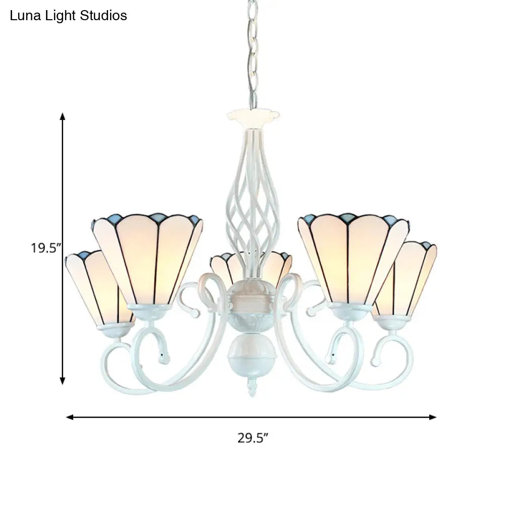 Adjustable White Glass Cone Chandelier With 5 Lights - Traditional Pendant Light For Bedroom