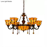 Aged Brass Chandelier With Tiffany Style Jewel Hanging Fixture For Dining Table