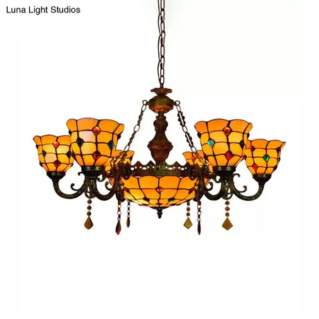 Aged Brass Chandelier With Tiffany Style Jewel Hanging Fixture For Dining Table