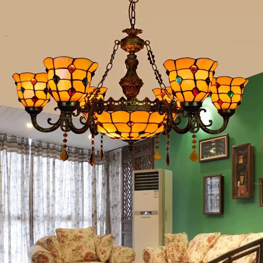 Aged Brass Chandelier With Tiffany Style Jewel Hanging Fixture For Dining Table 7 / Orange