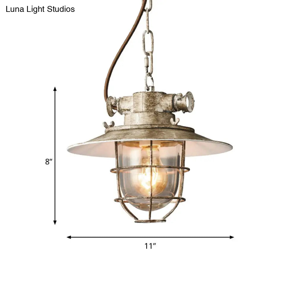 Vintage Silver Down Lighting Industrial Wire Cage Pendant Lamp With Clear Glass Shade